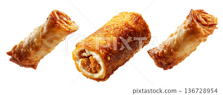 Set of Australia Chiko Roll or crispy fried chicken wrap stuffed with melted cheese, bell peppers, and meat, on white background Set of Australia Chiko Roll or crispy fried chicken wrap stuffed with melted cheese, bell peppers, and meat, on white background 136728954
