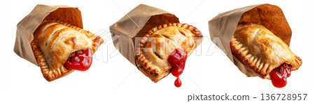 Set of Australia baked meat hand pie  with ketchup topping wrapped in paper bag, on white background, concept of takeaway snack 136728957