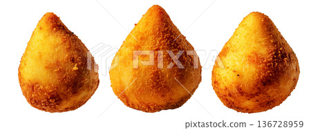 Fried Brazilian coxinhas cone snack filled shredded chicken cheese with golden crispy texture isolated on white background Fried Brazilian coxinhas cone snack filled shredded chicken cheese with golden crispy texture isolated on white background 136728959