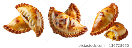 Fried baked pastry empanadas filled with ground beef cheese ham and crimped edges, isolated on white background Fried baked pastry empanadas filled with ground beef cheese ham and crimped edges, isolated on white background 136728960