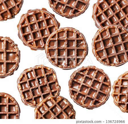 Multiple chocolate covered waffles arranged in a flat lay style isolated on white background, showing a sweet dessert food concept Multiple chocolate covered waffles arranged in a flat lay style isolated on white background, showing a sweet dessert food concept 136728966