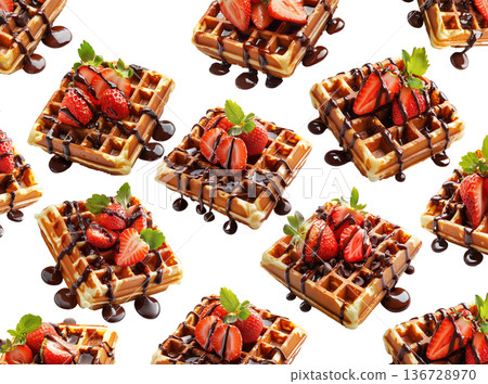 Sweet waffles with strawberries and chocolate isolated on white background, concept of tasty breakfast pattern Sweet waffles with strawberries and chocolate isolated on white background, concept of tasty breakfast pattern 136728970