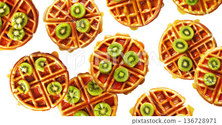 Round waffles with kiwi slices and syrup isolated on white background, concept of sweet breakfast food 136728971