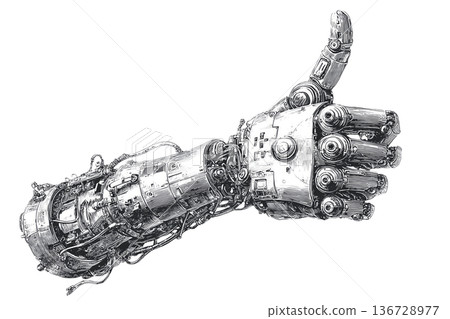 Mechanical robotic hand giving thumbs up, detailed sketch style isolated on white background, symbolizing technology approval Mechanical robotic hand giving thumbs up, detailed sketch style isolated on white background, symbolizing technology approval 136728977