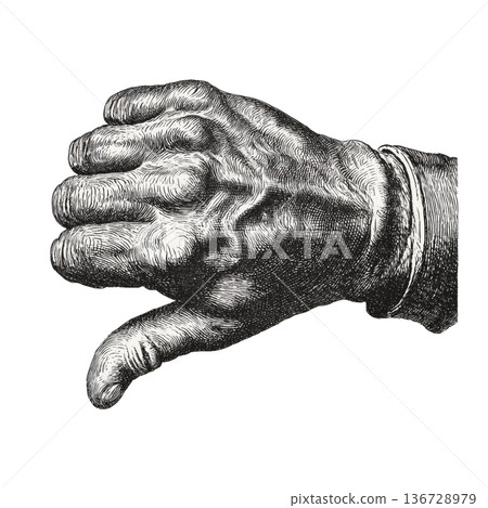 Vintage engraved hand showing thumb down isolated on white background symbolizing disapproval and negative feedback Vintage engraved hand showing thumb down isolated on white background symbolizing disapproval and negative feedback 136728979