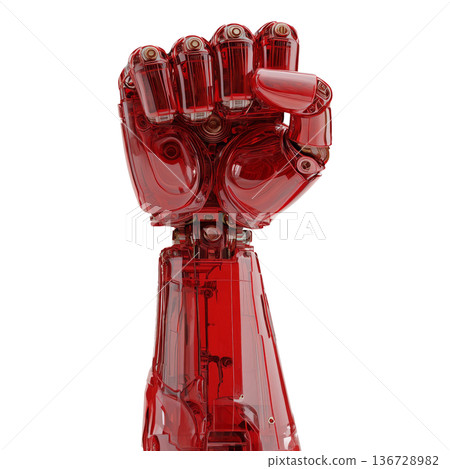 Red transparent mechanical fist shown close-up in glossy style isolated on white background, symbolizing strength and innovation Red transparent mechanical fist shown close-up in glossy style isolated on white background, symbolizing strength and innovation 136728982