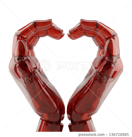 Red transparent robotic hands forming a heart shape in glossy style on white background, symbolizing love, unity, and technology 136728985