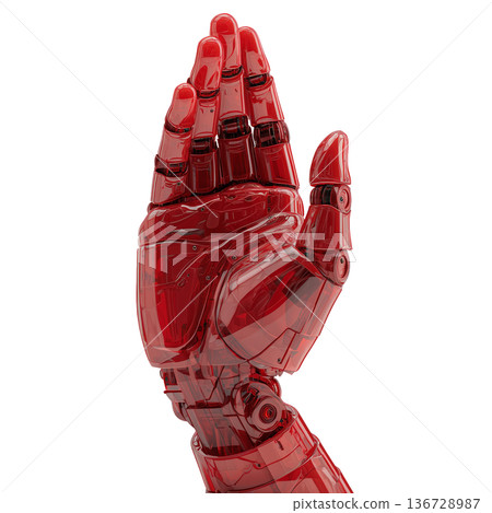A red transparent robotic open palm hand in glossy style on white background, symbolizing technology and innovation concepts 136728987