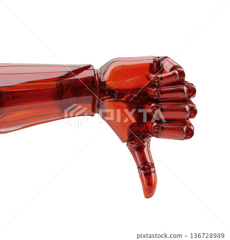 Red transparent robotic hand showing thumbs down in glossy style isolated on white background symbolizing strong disapproval Red transparent robotic hand showing thumbs down in glossy style isolated on white background symbolizing strong disapproval 136728989