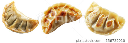 Steamed dumpling mandu with glossy surface and pleated edge isolated on white transparent background Steamed dumpling mandu with glossy surface and pleated edge isolated on white transparent background 136729010