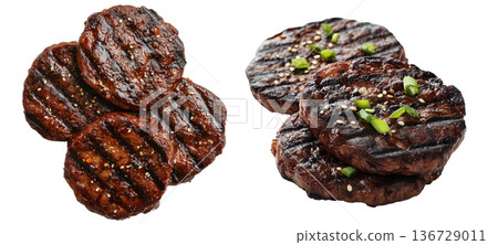 Glazed grilled pork ribs Tteokgalbi with sesame seeds, isolated on white transparent background. Concept of barbecue 136729011