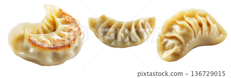 Pan-fried or steamed dumplings Jiaoz with golden crispy bottoms, isolated on white background, concept of Asian cuisine Pan-fried or steamed dumplings Jiaoz with golden crispy bottoms, isolated on white background, concept of Asian cuisine 136729015