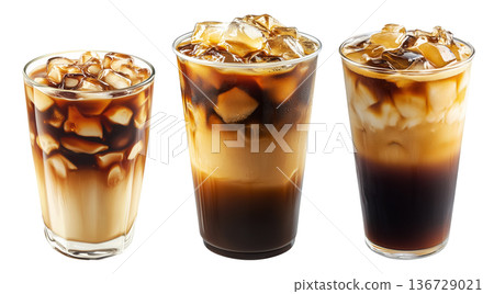 Iced latte Vietnamese Ca Phe Sua Da made with cold milk and espresso in tall clear glass, isolated on white background Iced latte Vietnamese Ca Phe Sua Da made with cold milk and espresso in tall clear glass, isolated on white background 136729021