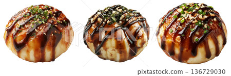 Japanese takoyaki ball topped with thick sauce, green onions and bonito flakes, isolated on white transparent background 136729030