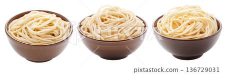 Japanese udon noodles served in light broth, top view and isolated on white background, representing Japanese cuisine 136729031