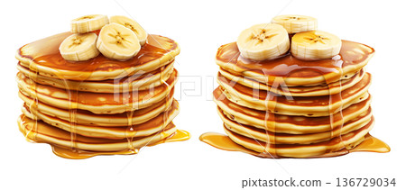 Stack of golden pancakes topped with banana slices and syrup, isolated on white transparent background Stack of golden pancakes topped with banana slices and syrup, isolated on white transparent background 136729034