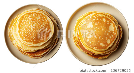 Fluffy stack of golden pancakes served on a beige ceramic plate, isolated on white transparent background Fluffy stack of golden pancakes served on a beige ceramic plate, isolated on white transparent background 136729035