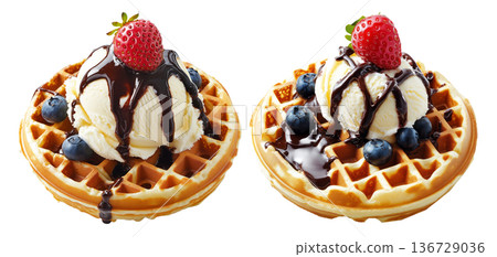 Waffle topped with vanilla ice cream, chocolate syrup, raspberry, and blueberries isolated on white background 136729036