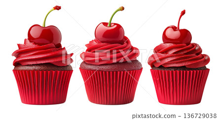 Chocolate cupcake with red frosting and cherry on top, isolated on white background, concept of dessert and sweets 136729038