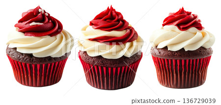 Chocolate cupcake with smooth white and red frosting swirl, isolated on white background. Concept of sweet dessert treat Chocolate cupcake with smooth white and red frosting swirl, isolated on white background. Concept of sweet dessert treat 136729039