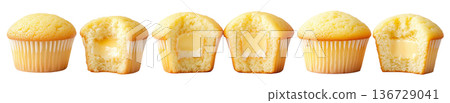 Two halves of a vanilla cupcake with creamy filling shown in cross-section, isolated on white transparent background Two halves of a vanilla cupcake with creamy filling shown in cross-section, isolated on white transparent background 136729041