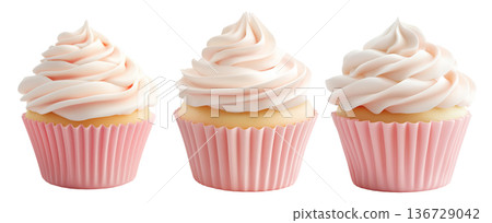 Vanilla cupcake with smooth pink whipped cream frosting in soft pink wrapper isolated on white transparent background Vanilla cupcake with smooth pink whipped cream frosting in soft pink wrapper isolated on white transparent background 136729042