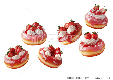 Delicious strawberry donuts with whipped cream and glossy pink glaze isolated on white background, concept of sweet dessert snacks Delicious strawberry donuts with whipped cream and glossy pink glaze isolated on white background, concept of sweet dessert snacks 136729044