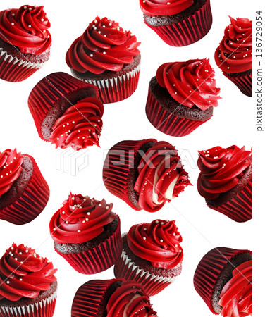 Chocolate cupcakes with red frosting and sprinkles, isolated on white background. Concept of dessert, sweets, celebration treat Chocolate cupcakes with red frosting and sprinkles, isolated on white background. Concept of dessert, sweets, celebration treat 136729054