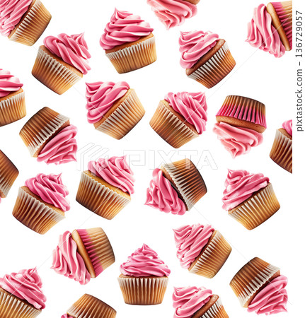 Multiple pink frosted cupcakes in paper liners scattered and isolated on white background, showcasing sweet dessert concept Multiple pink frosted cupcakes in paper liners scattered and isolated on white background, showcasing sweet dessert concept 136729057