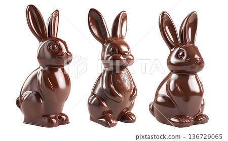 Set of chocolate bunny figurine with glossy surface, isolated on white transparent background. Easter and confectionery concept Set of chocolate bunny figurine with glossy surface, isolated on white transparent background. Easter and confectionery concept 136729065