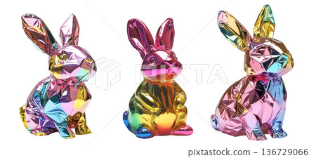 Set of metallic rabbit shaped balloon with vibrant colors including pink, gold, blue, and green, on white transparent background Set of metallic rabbit shaped balloon with vibrant colors including pink, gold, blue, and green, on white transparent background 136729066