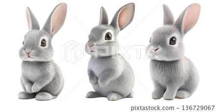 Set of fluffy gray rabbit sitting with perked ears, isolated on white transparent background. Concept of Easter 136729067