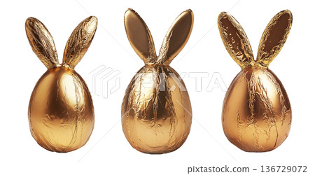 Set of Golden foil wrapped Easter chocolate shaped like a bunny with ears, isolated on white transparent background Set of Golden foil wrapped Easter chocolate shaped like a bunny with ears, isolated on white transparent background 136729072