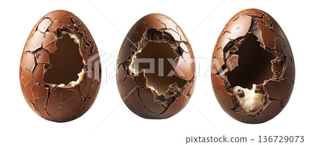 Set of Cracked Easter chocolate egg with hollow center, isolated on white transparent background. Festive holiday candy concept Set of Cracked Easter chocolate egg with hollow center, isolated on white transparent background. Festive holiday candy concept 136729073