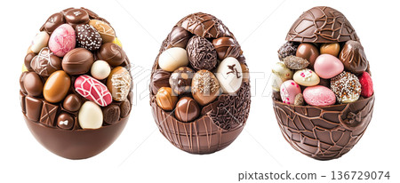 Assortment of chocolate Easter eggs in decorative chocolate shell, isolated on white transparent background. Assortment of chocolate Easter eggs in decorative chocolate shell, isolated on white transparent background. 136729074