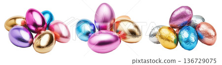 Set of Chocolate Easter eggs wrapped in metallic foil of gold, silver, pink, and blue isolated on white transparent background Set of Chocolate Easter eggs wrapped in metallic foil of gold, silver, pink, and blue isolated on white transparent background 136729075