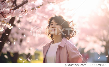 A young Japanese woman smiling among cherry blossoms in full bloom. An image of new life and hope in spring. 136729368