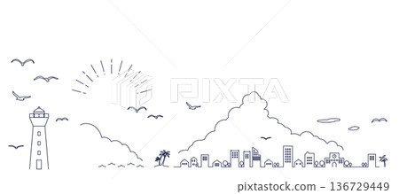 夏季海濱小鎮景觀邊框插圖背景插圖城市景觀 136729449