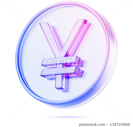 3d glass holographic Japanese Yen coin icon render. JPY stablecoin, Japan digital currency symbol, JPYC token for exchange market. Asian money with blue purple neon gradient isolated. 3D illustration 136729806