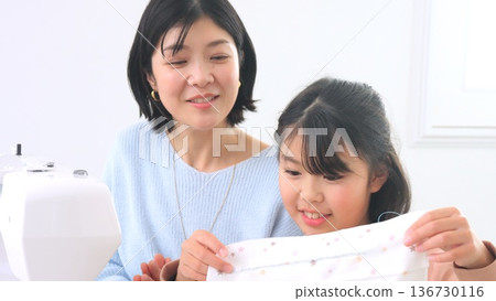 Family conversation sewing machine image 136730116