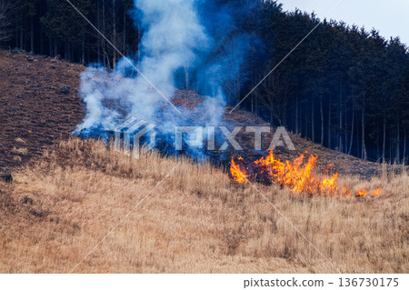 從棕色到黑色:2026年初春,索尼高原發生山火。起火點。高原從山頂開始燃燒。 從棕色到黑色:2026年初春,索尼高原發生山火。起火點。高原從山頂開始燃燒。 136730175