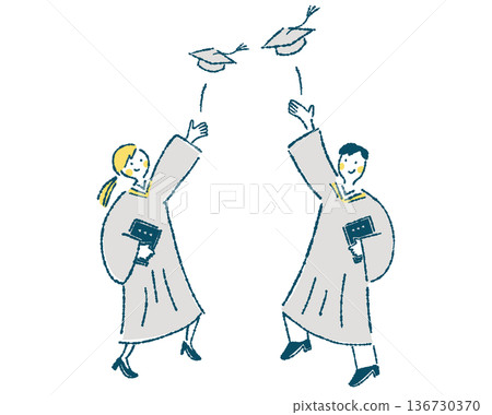 身著學位服的男女拋擲學士帽的插圖 136730370