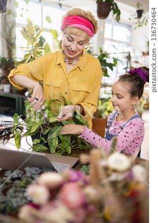 A woman and a girl are working together to prune a houseplant, enjoying a moment of connection and learning 136730464