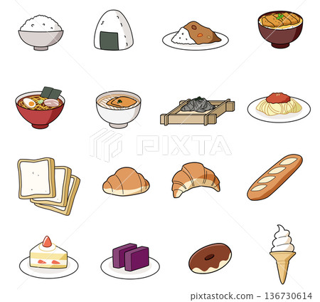 Set of 16 illustrations of foods high in carbohydrates Set of 16 illustrations of foods high in carbohydrates 136730614