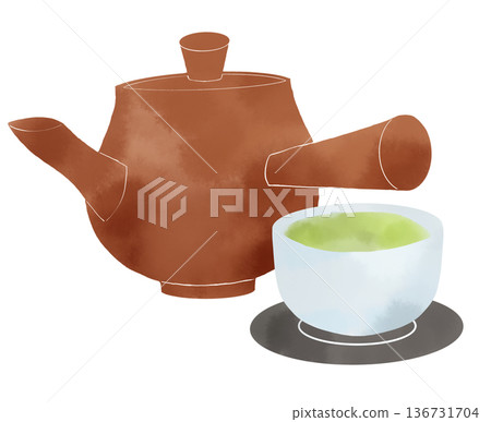 Watercolor illustration of a teapot and green tea. Tea time, rest, Japanese lifestyle material. Watercolor illustration of a teapot and green tea. Tea time, rest, Japanese lifestyle material. 136731704
