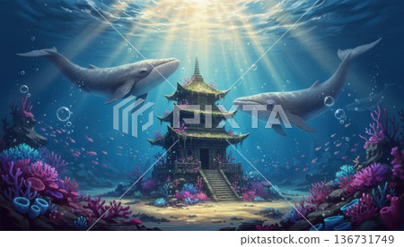 Two whales swimming around an ancient pagoda structure on a vibrant coral reef underwater with sun rays 136731749