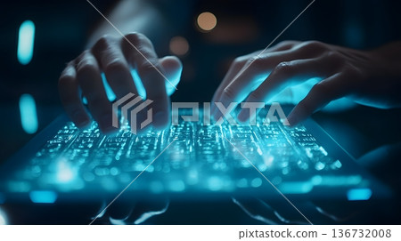 Close up of hands typing on a laser projection keyboard on a glass desk in a dark room 136732008