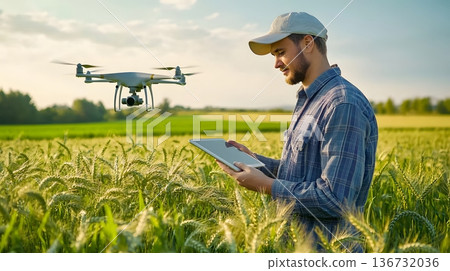 Modern farmer using a drone and tablet to monitor a vertical wheat farm Modern farmer using a drone and tablet to monitor a vertical wheat farm 136732036