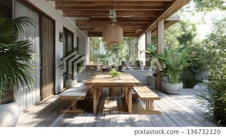 Tropical summer house dining area indoor outdoor connection 3D rendering 136732120