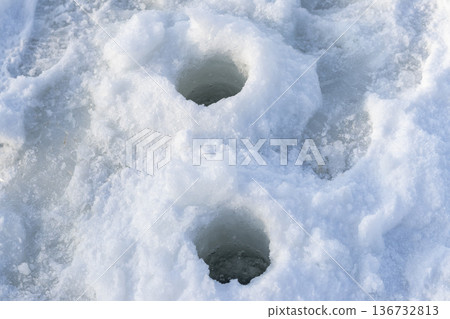 The image shows a hole cut into a frozen lake, commonly used for ice fishing The image shows a hole cut into a frozen lake, commonly used for ice fishing 136732813